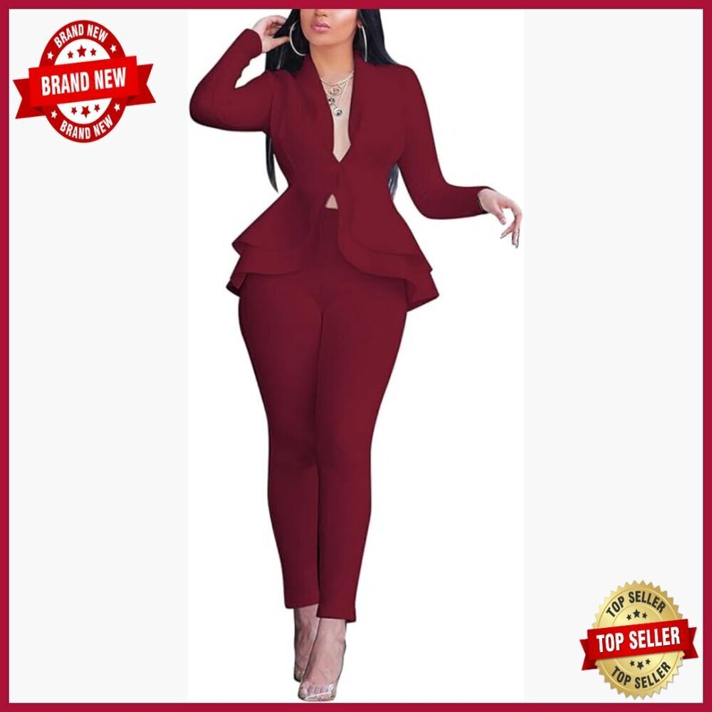 Deep V Neck Ruffle Blazer Two Piece Suit Set Long Sleeve Pants Business Outfit